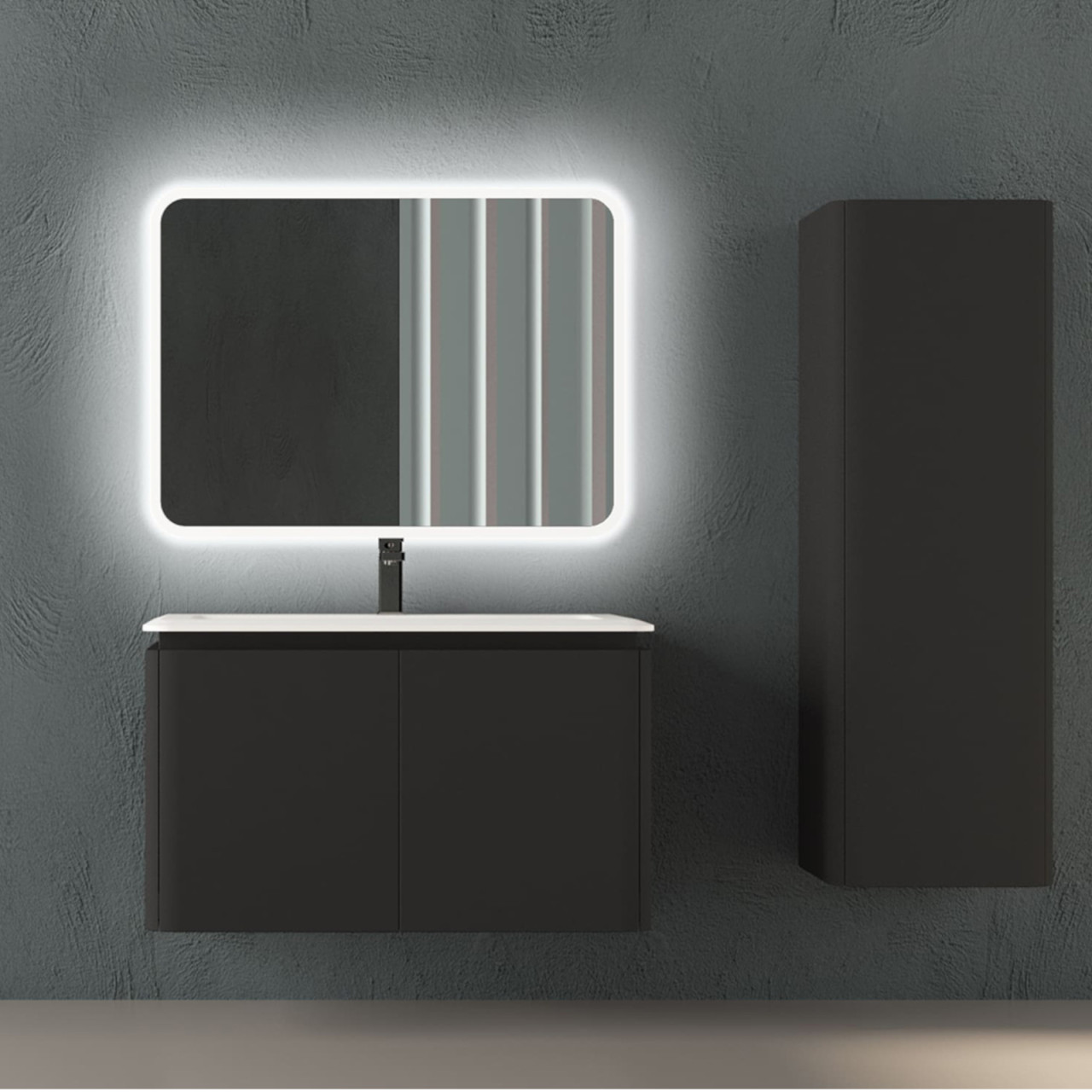 Mobile bagno sospeso cindy 95 cm nero grafite con quattro cassetti e specchio led