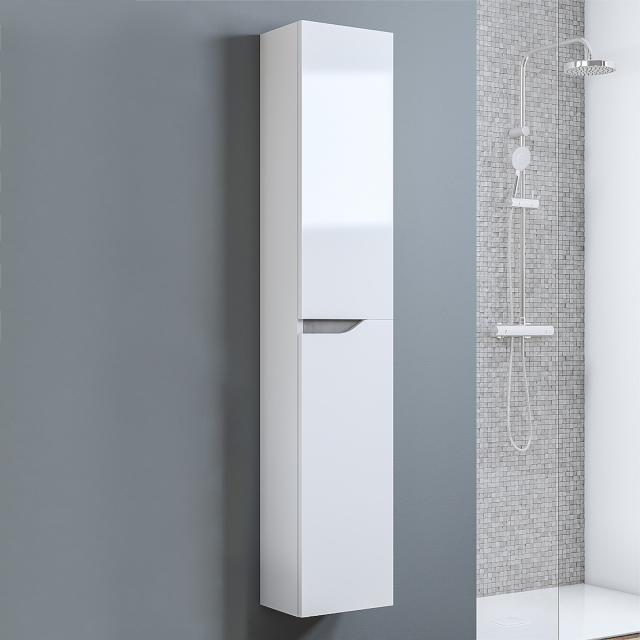 Colonna bagno sospesa h.160 cm bianco lucido e cemento con due ante | Grace