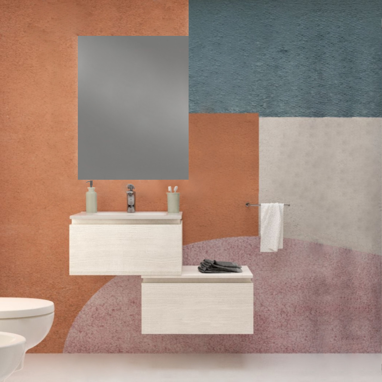 Mobile bagno da 60 cm rovere bianco con doppio cassettone e specchio
