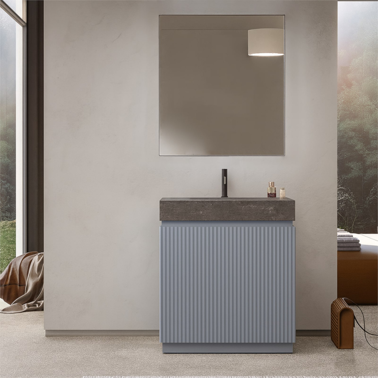 Mobile bagno a terra cannettato 70 cm blu avio Baden Haus con specchio | Pura