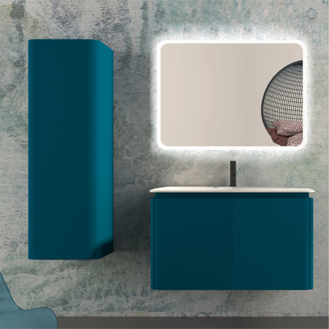 Mobile bagno sospeso cindy 95 cm blu petrolio con quattro cassetti e specchio led