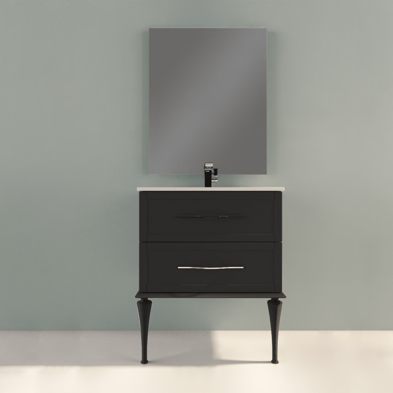 Mobile bagno classico cleo 75 cm doppio cassetto nero grafite opaco con specchio
