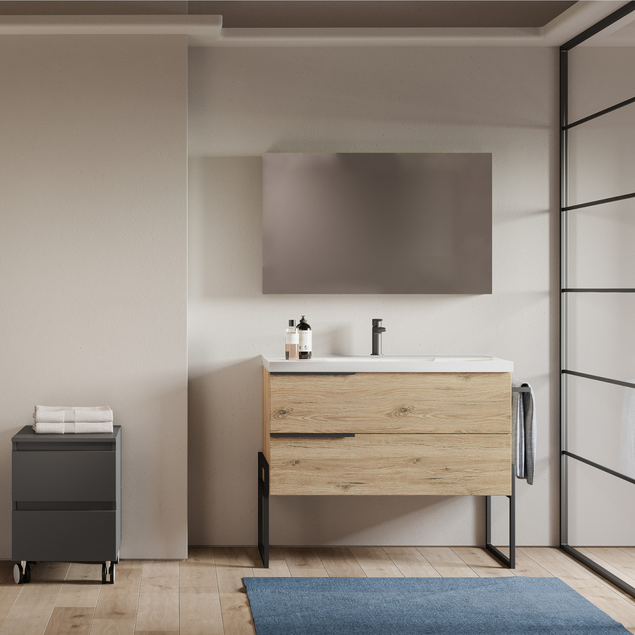 Mobile bagno da terra 100 cm quercia naturale con specchio