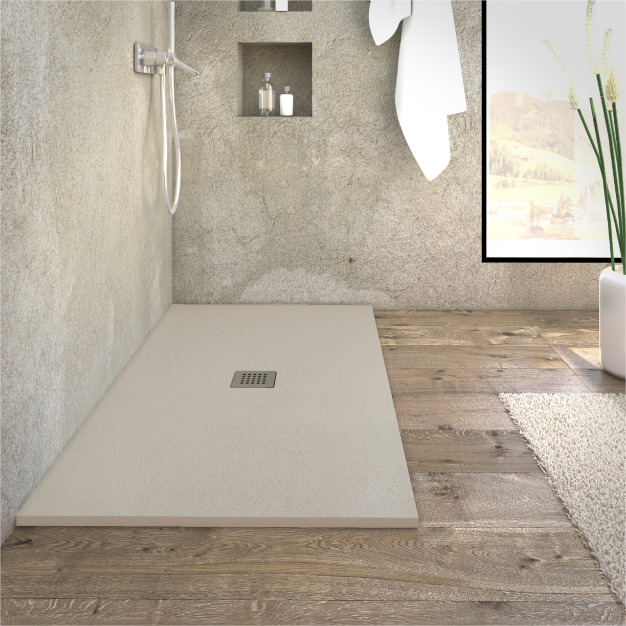 Euroceramica - Piatto Doccia Sabbia 70x180 cm in Mineral Marmo con Griglia e Piletta