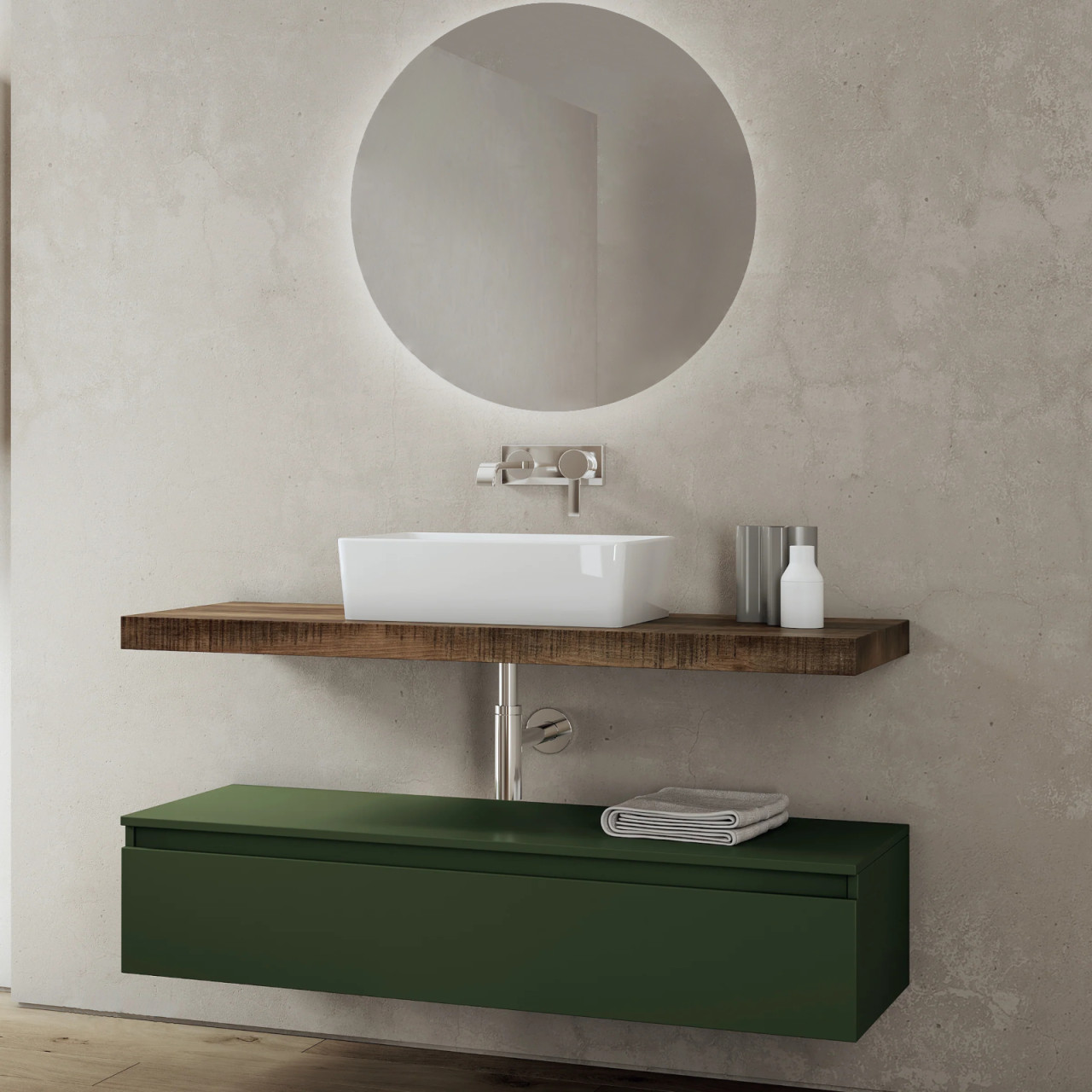 Mensolone bagno tabacco 100 cm con cassettone verde opaco e specchio | Ninfa