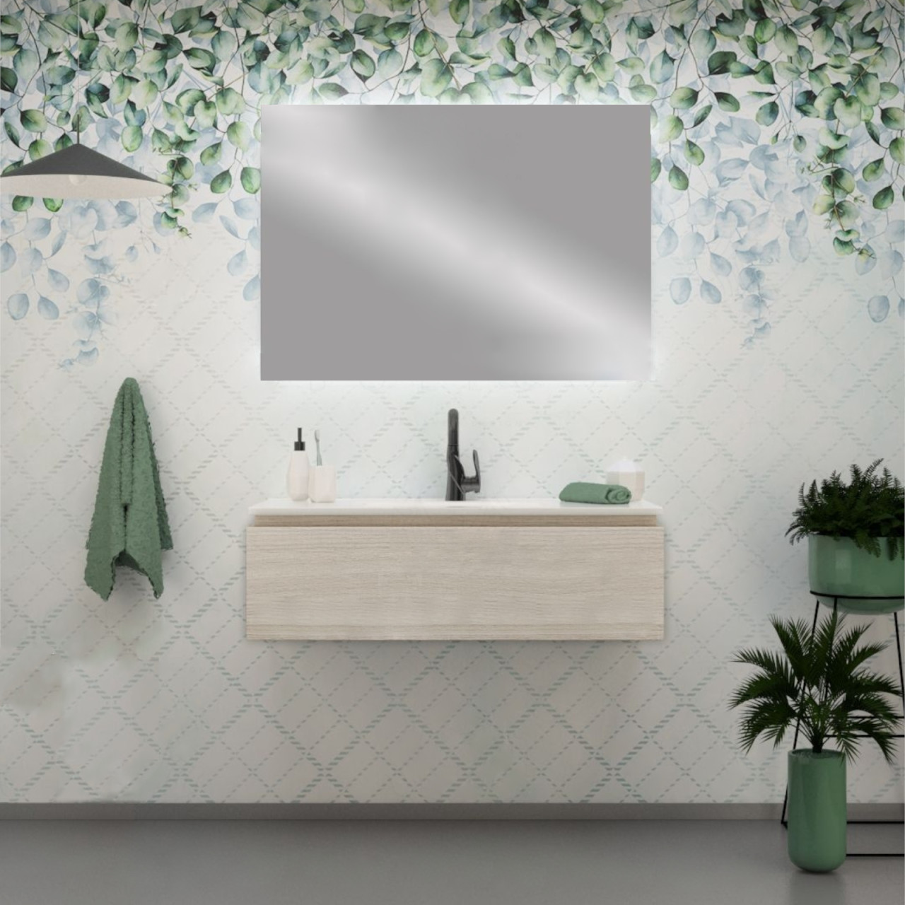 Mobile bagno da 100 cm rovere bianco con cassettone e specchio